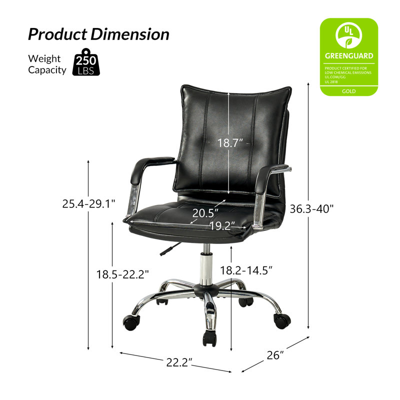  Chaise de bureau pivotante en similicuir de 22,2 po avec dossier capitonné Lundgren, Noir