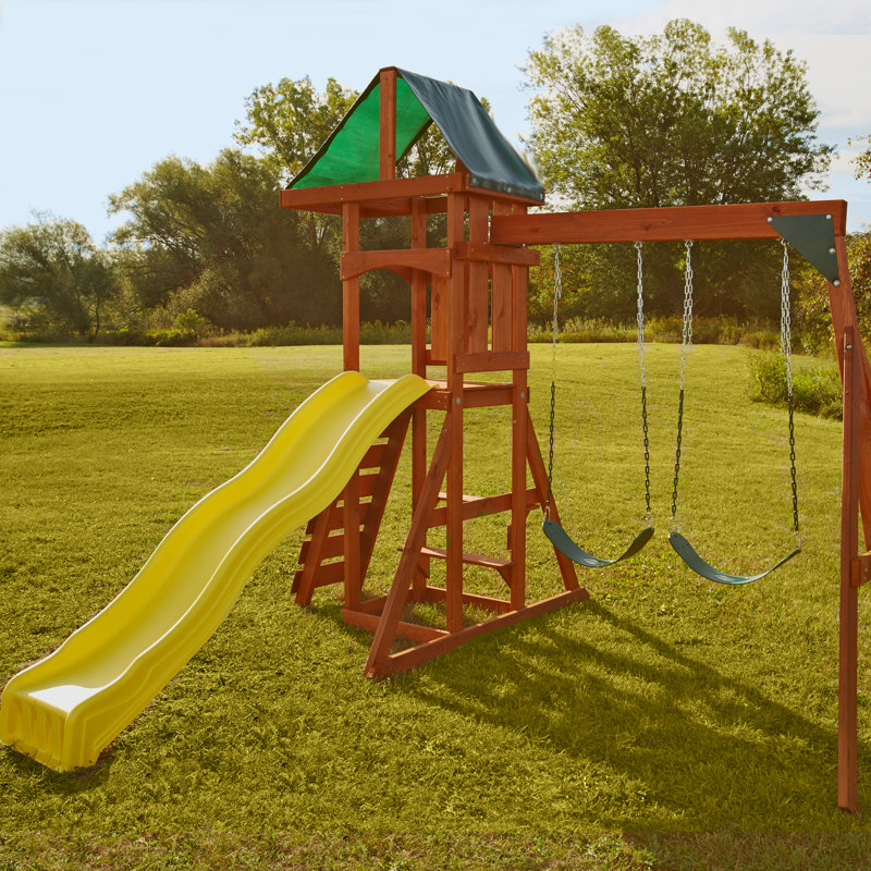 Scrambler Wooden Swing Set with Slide, Swings and Climbing Wall