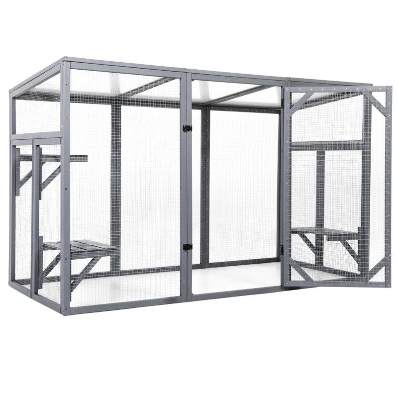 Grand enclos extérieur pour chat en bois avec 3 plateformes, porte verrouillable, toit ouvrant résistant aux intempéries, gris