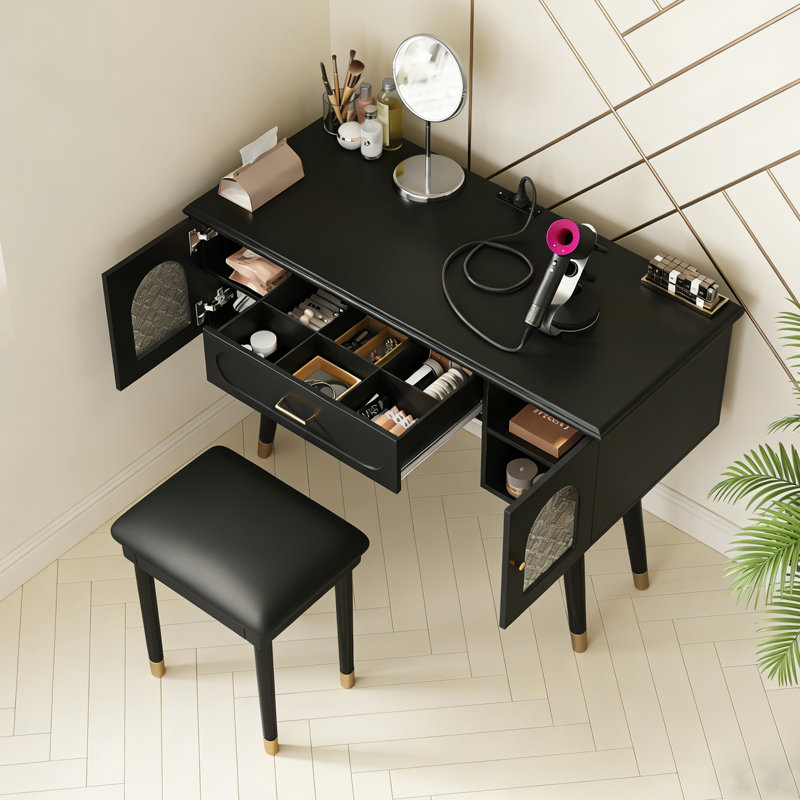 Elegant Vanity Makeup Table And Chair Set With Organizer, Charging Port, And Dual Function As Writing Desk., Black