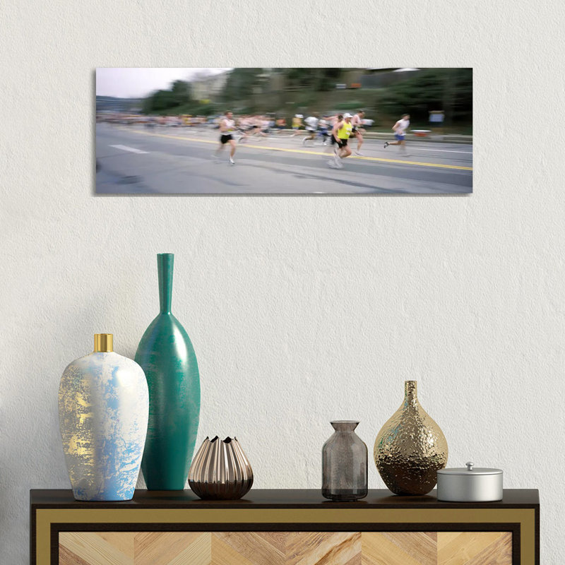 Marathon Runners On A Road, Boston Marathon, Washington Street, Wellesley, Norfolk County, Massachusetts, USA - Wrapped Canvas Panoramic Print