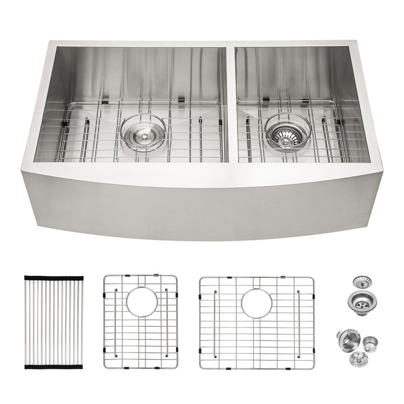 Double Bowl (60/40) Farmhouse Sink- 36" X 20" X 9"Stainless Steel Apron Front Kitchen Sink 16 Gauge With Two 9" Deep Basin