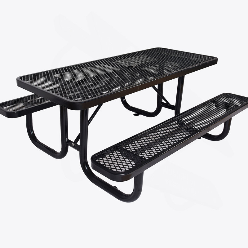 6 pi Table de pique-nique rectangulaire en acier pour l'extérieur, avec mât de parasol