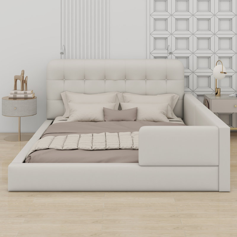 Lit plateforme tapissier avec 2 lampes de lecture, Blanc