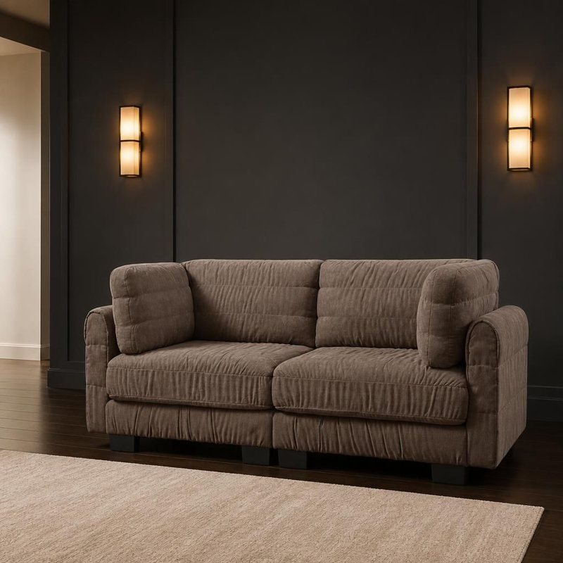 Canapé d'angle modulaire deux places en chenille à détails froncés, garni de mousse haute densité, avec coussins de dossier épais en forme de L, montage facile, revêtement doux, durable et respirant, conception modulaire flexible pour le salon, la chambre et les petits espaces.