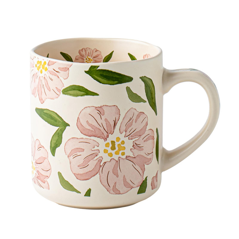 Tasse à café 16 oz en céramique rétro, tasse à thé peinte à la main sans plomb avec poignée confortable, lavable au micro-ondes et au lave-vaisselle (rosé floral)