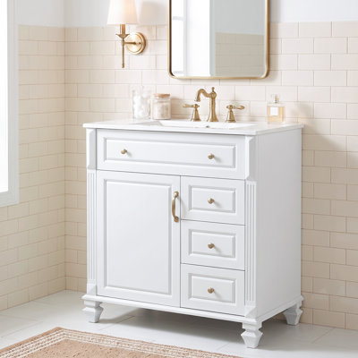 Meuble-lavabo standard autoportant en bois massif et panneau de fibres à densité moyenne de 30 po, blanc, comptoir en céramique, tiroir escamotable, 3 tiroirs et armoire de rangement
