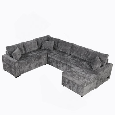 Canapé-lit modulaire 112,2 "avec repose-pieds avec rangement, trois coussins, dispositifs de chargement, gris
