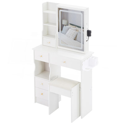 Petit meuble-lavabo de 29,2 po avec tiroir à gauche + tabouret rembourré, 2 blocs d'alimentation CA + 2 ports USB, support pour sèche-cheveux, très grand miroir coulissant à commande tactile à DEL, réglage de la luminosité tricolore, réglage de la luminosité