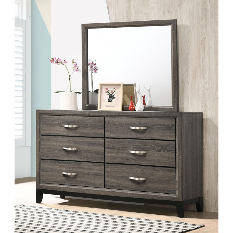Commode 6 tiroirs avec miroir chêne gris