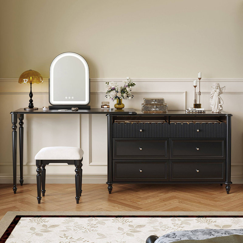 Commode 98,43 po style français rétro vintage avec coiffeuse et miroir de maquillage, 30.71" H x98.43" W x 15.75" D