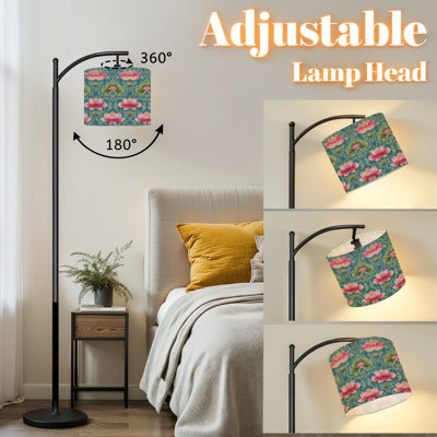 Arc Floor Lamp with Adjustable Lampshade Lotus Flower Pink Blossoms Teal Botanical Vintage Standing Lamp 3 Colour Temperatures Dimmable Tall Pole Lamp with Foot Switch for Bedroom