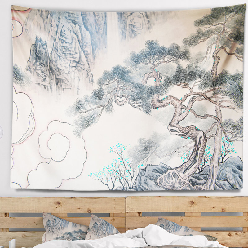Tapisserie art floral bleu chinois, H 50 po x l 60 po