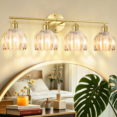 4-Light Gold Vanity Light With Amber Tulip Glass Shades, Modern Bathroom Wall Sconce Lighting Fixture For Mirror, Powder Room, Hallway