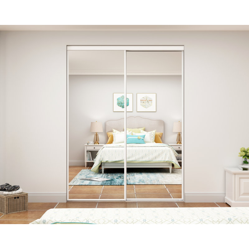 Porte coulissante à miroir avec cadre blanc en acier et garniture blanche, 79 po x 60 po