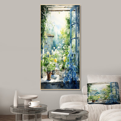 Green and blue countryside window Charm II - Farm Windows Canvas Wall Art