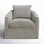 Light gray upholstered swivel barrel chair with a rounded silhouette and plush back cushion.