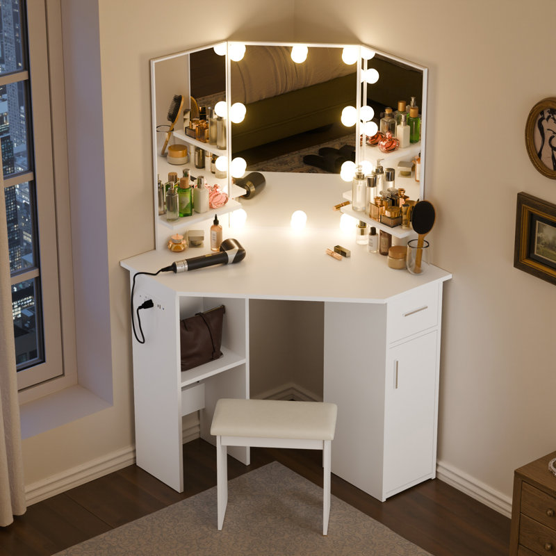 Makarama Corner Makeup Vanity with LED Lights & Charging Station Including Mirror & Stool, White