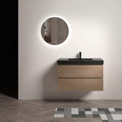 Meuble-lavabo mural 36 po avec finition noyer brun et lavabo noir