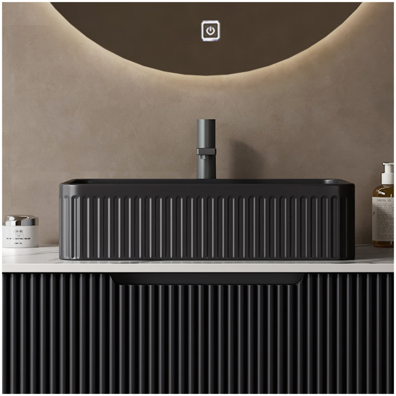 Lavabo de salle de bain 20 po, vasque rectangulaire en céramique rayée sans robinet, sans armoire, noir, Noir