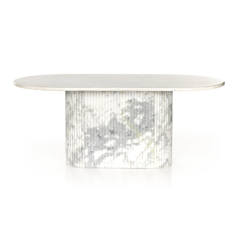 Oranda Oval Marble Dining Table, Polished White Marble/White Scalloped Marble