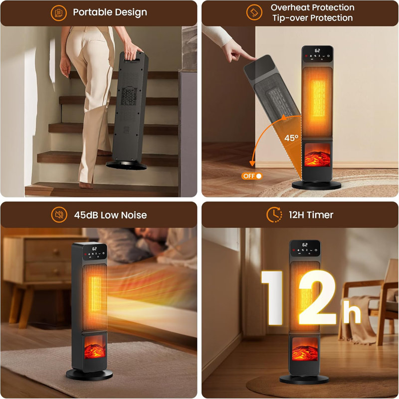 Tower Heater and Fan Combo, 1500W PTC Space Heaters for Indoor Use W/ 3D Flame