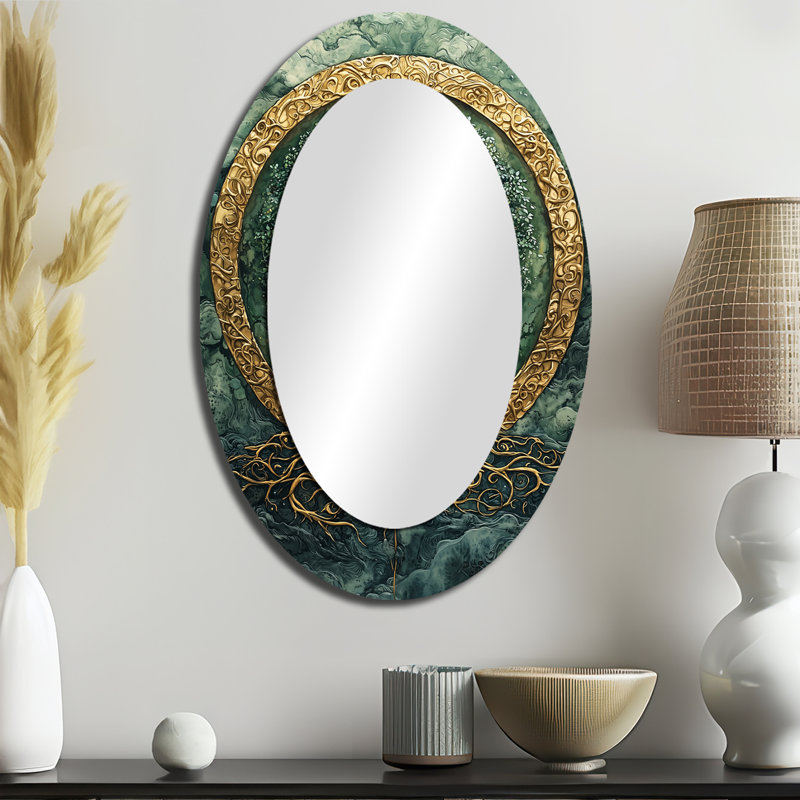 A Green Tree Of Life Into Celestial Roots - Landscapes Oval Decorative Mirror On Metal, 36" x 24"