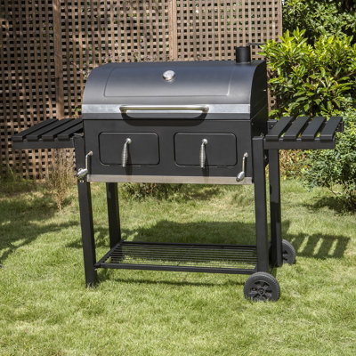 34" Dual Zone Charcoal BBQ Grill with Liftable Trays and 2 Foldable Side Table