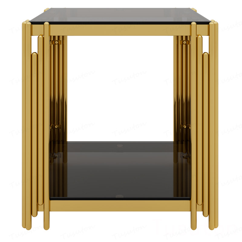 Ensemble de 3 tables de salon avec 1 table basse et 2 tables de bout, rectangulaire, verre trempé, métal asymétrique, finition dorée et tablette inférieure, 47,5 po