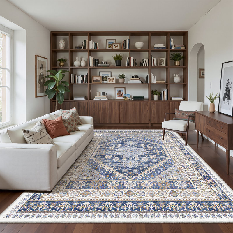 Malaika Machine-Washable Non-Slip Medallion Area Rug, Rectangle 6' x 9', Blue