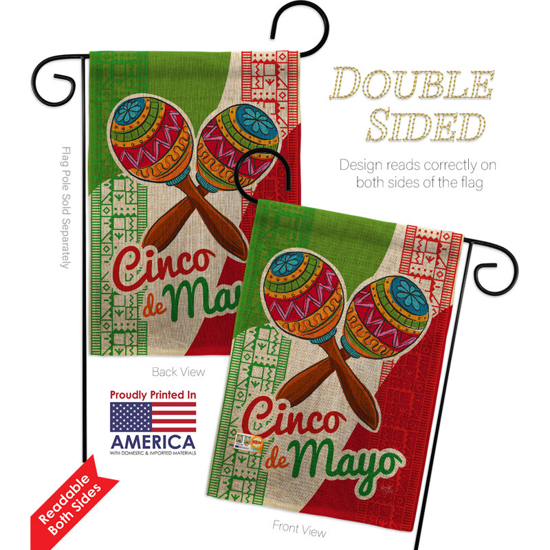 Maracas cinco de mayo 2 côtés polyester 18,5 x 13 po ensemble de drapeau, Toile de jute, Vert / beige / rouge