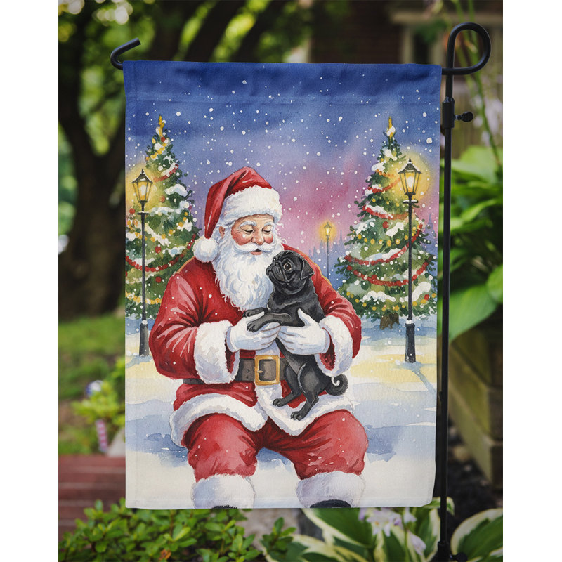 Carlin noir avec le drapeau du jardin du père Noël, Taille du jardin, Carlin noir