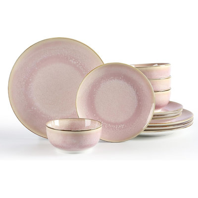 Service de vaisselle pour 4 assiettes et bols en porcelaine de 12 pièces pour la cuisine, cadeau de ménage, ensemble de vaisselle résistant aux ébréchures et aux égratignures, ensemble de plats allant au lave-vaisselle et au micro-ondes, rose