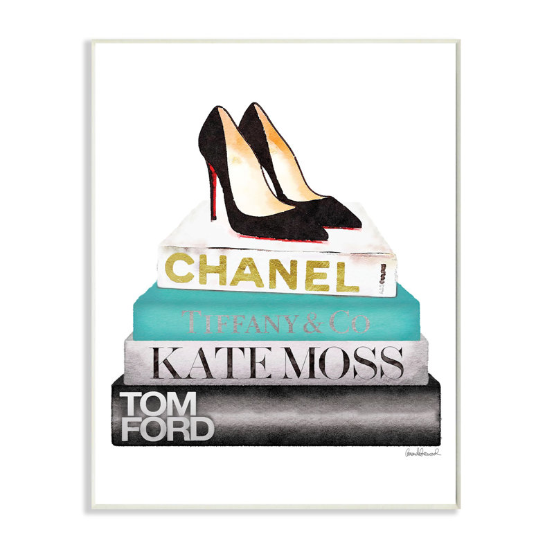 «Fashion Designer Shoes Bookstack Blue Black», impression, Plaque murale, H 15 po x l 10 po