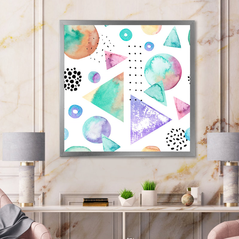 «Retro Triangles, Circles, Polka Dots On White I», reproduction d'art sur toile, Cadre photo argenté, H 30 po x l 30 po