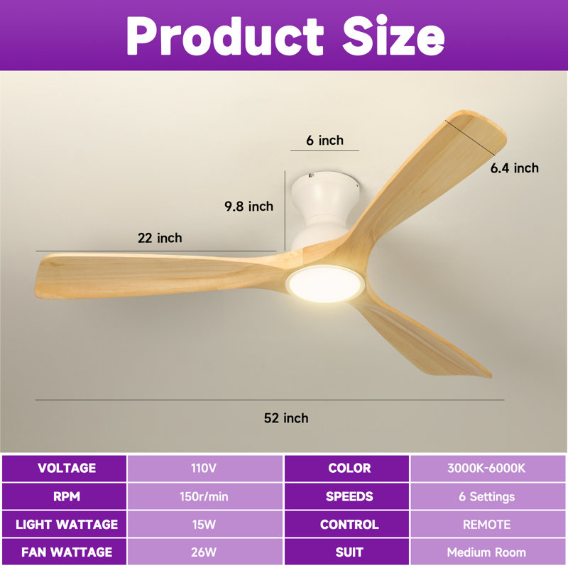 Ventilateur de plafond à intensité variable 52 po avec lumières et télécommande CCCC Karlena, White with Oak Blade