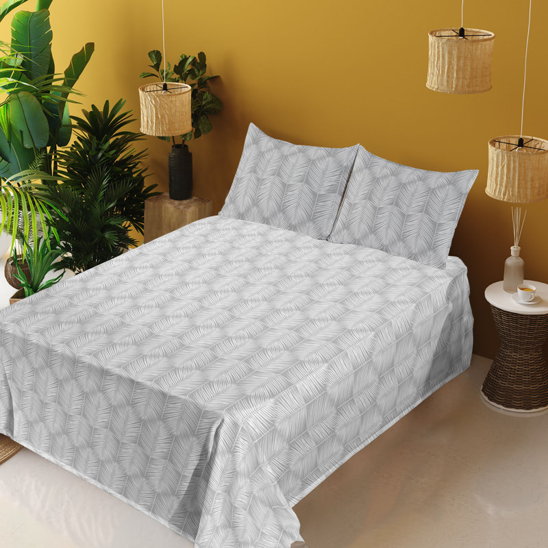Microfiber Sheet Set, Full Sheet Set with 2 Pillowcases, Light Gray/White Floral