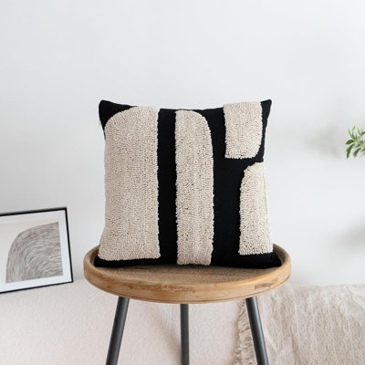 Housse de coussin touffetée bohème noir crème, housse de coussin décorative carrée neutre 18 x 18