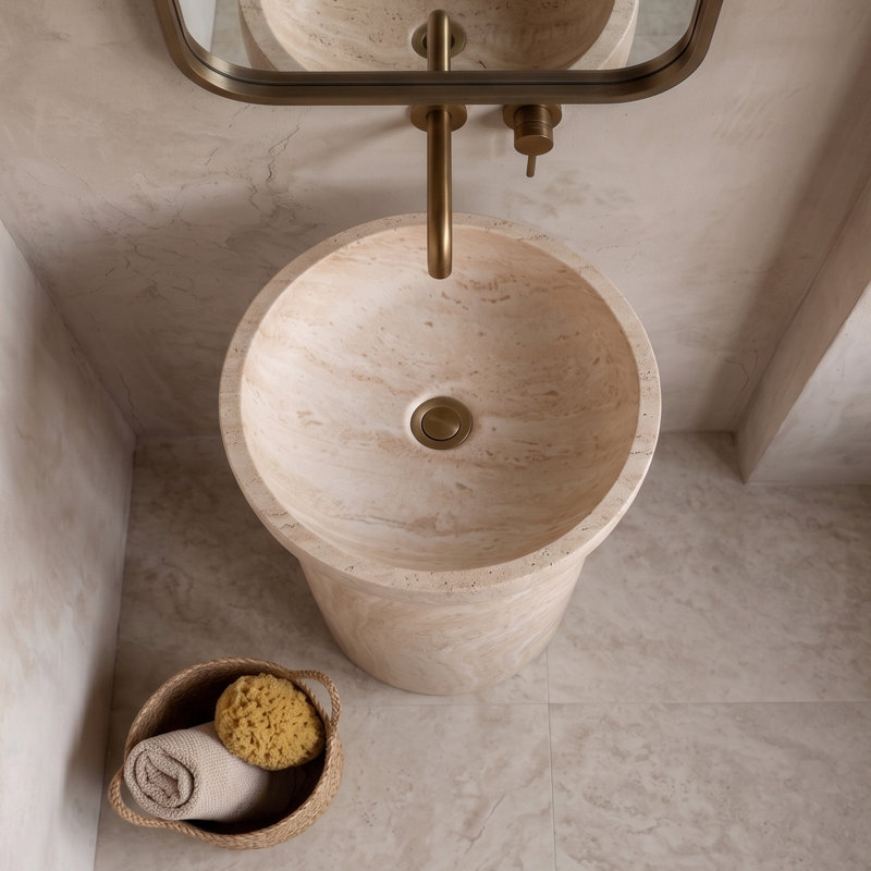 16'' Freestanding Solid Surface Pedestal Bathroom Sink with Travertine Texture