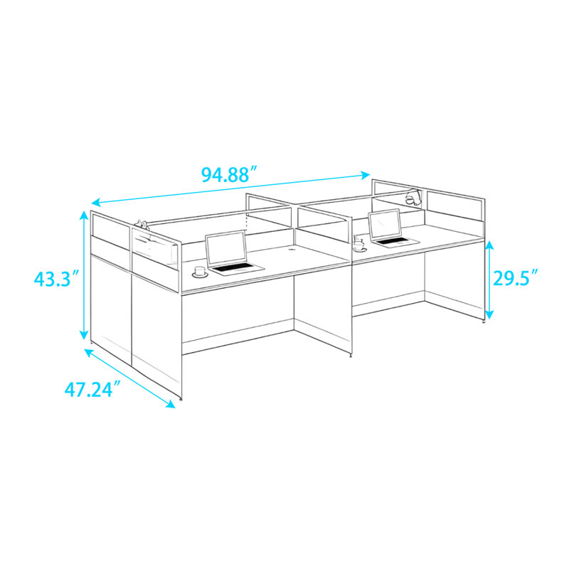 Bureau rectangulaire pour 4 personnes, H 43,3 po x l 94,88 po x P 47,24 po
