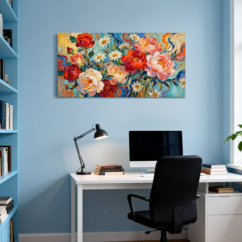 Bouquet de plantes et de fleurs aux couleurs vives et aux coups de pinceau texturés, H 20 po x l 40 po