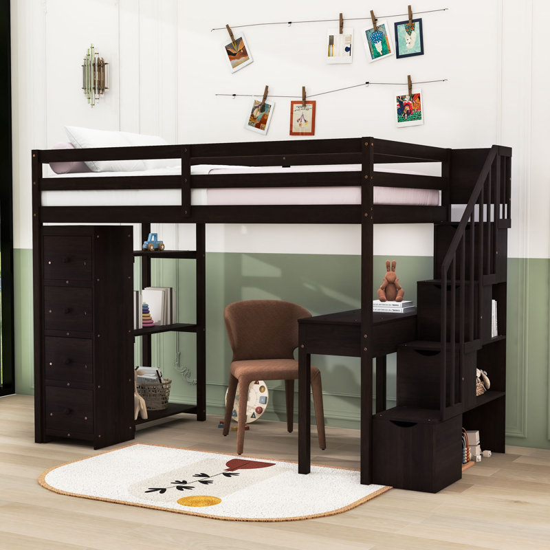 Helson Kids Twin 6 Drawers Wood Loft Bed with Built-in Desk and Shelves, Espresso