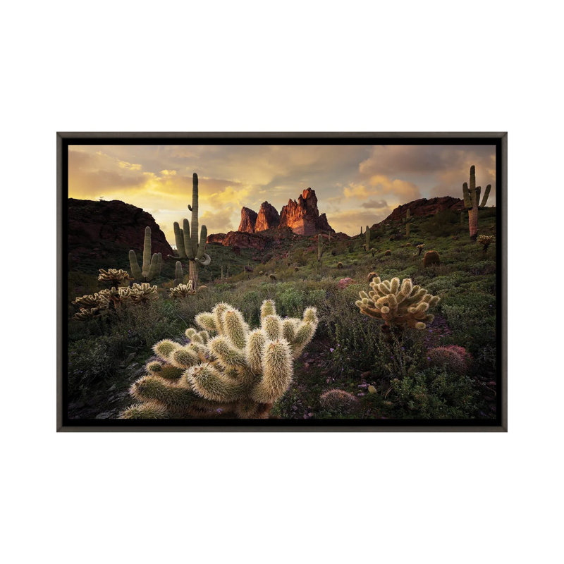 Arizona Desert Sunset, 40" H x 60" W x 1.5" D, Dark Rustic Wood Floater Framed Canvas