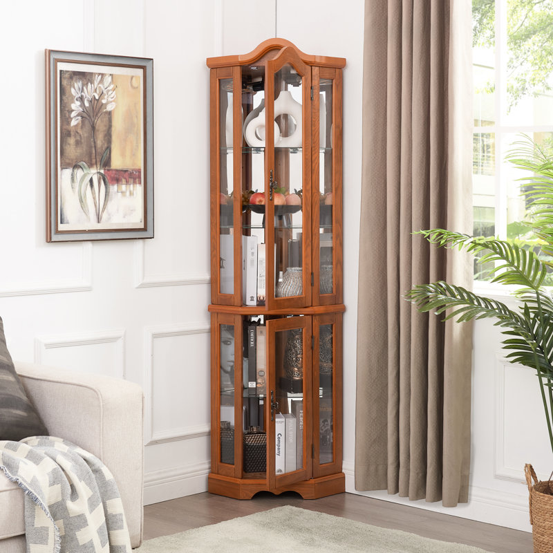 Armoire éclairée en verre avec portes et tablettes en verre trempé, charnière réglable pour le salon de la chambre à coucher au fini chêne, décor