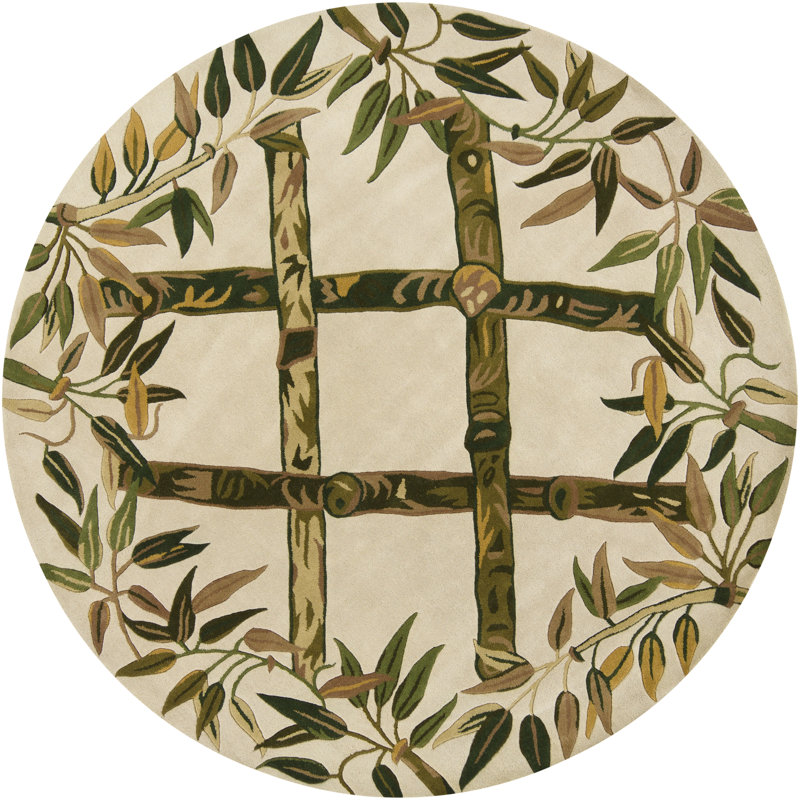 Metro Authentic Hand-Tufted Handmade Cream & Green Modern Botanical Wool Area Rug, Round 7'9"