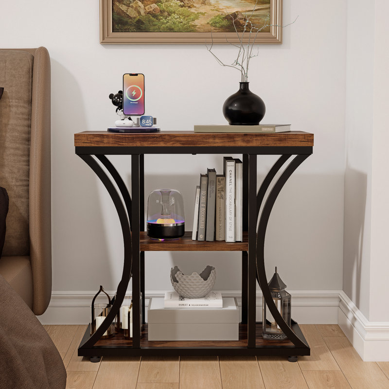 3-Tier End Table With Storage Shelves, Rustic Industrial Side Table For Living Room, Brown