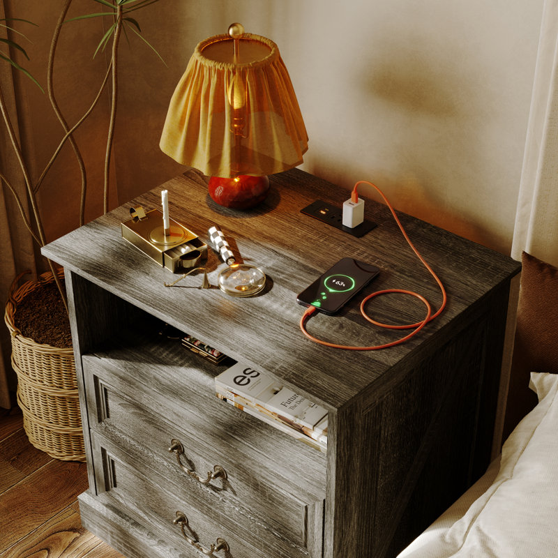 Auserine Elegent Nightstand With Built-In Outlet, Gray