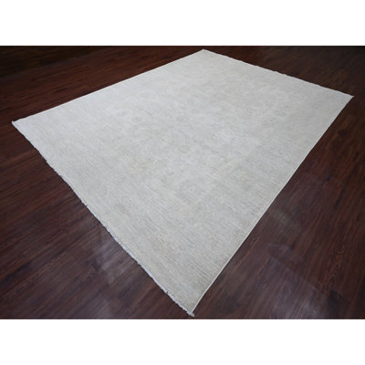 8'9"x11'5" Bone White, 100% Wool, Stone Washed Peshawar with Faded Out Leaf Design, Hand Knotted, Veggie Dyes, Oriental Rug