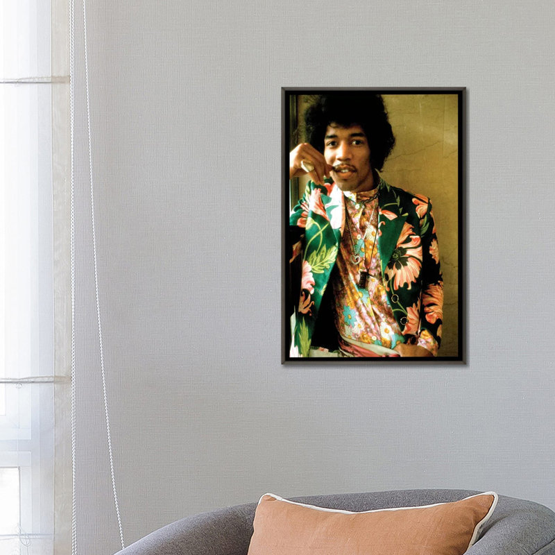 «Jimi Hendrix», reproduction de photo, Aucun mat, H 26 po x l 18 po x 1,5 po, Toile encadrée de bois rustique foncé