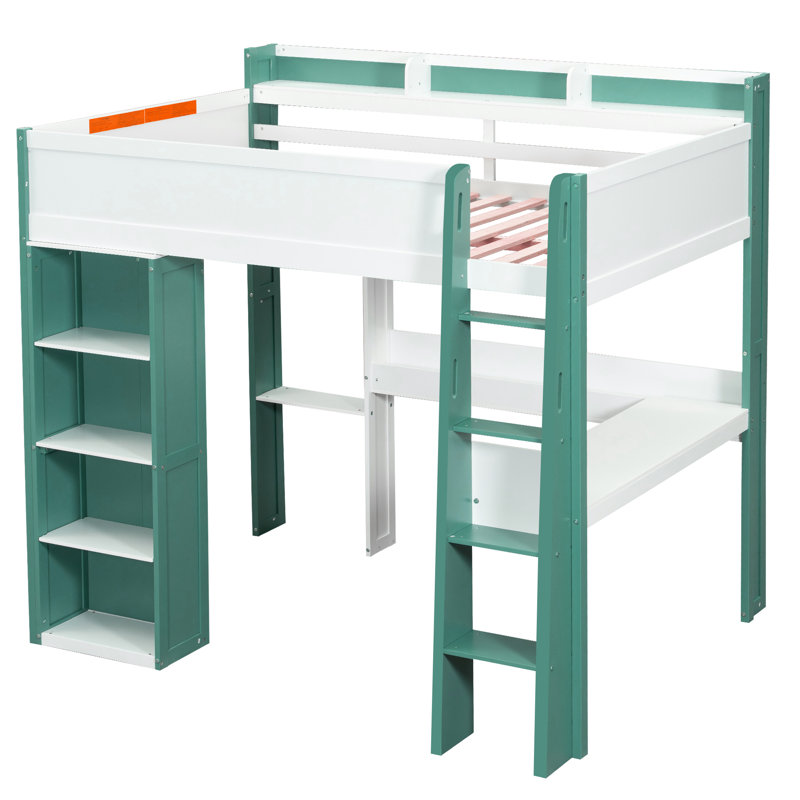 Full Loft Bed With Built-In Desk&Bookshelf, Green